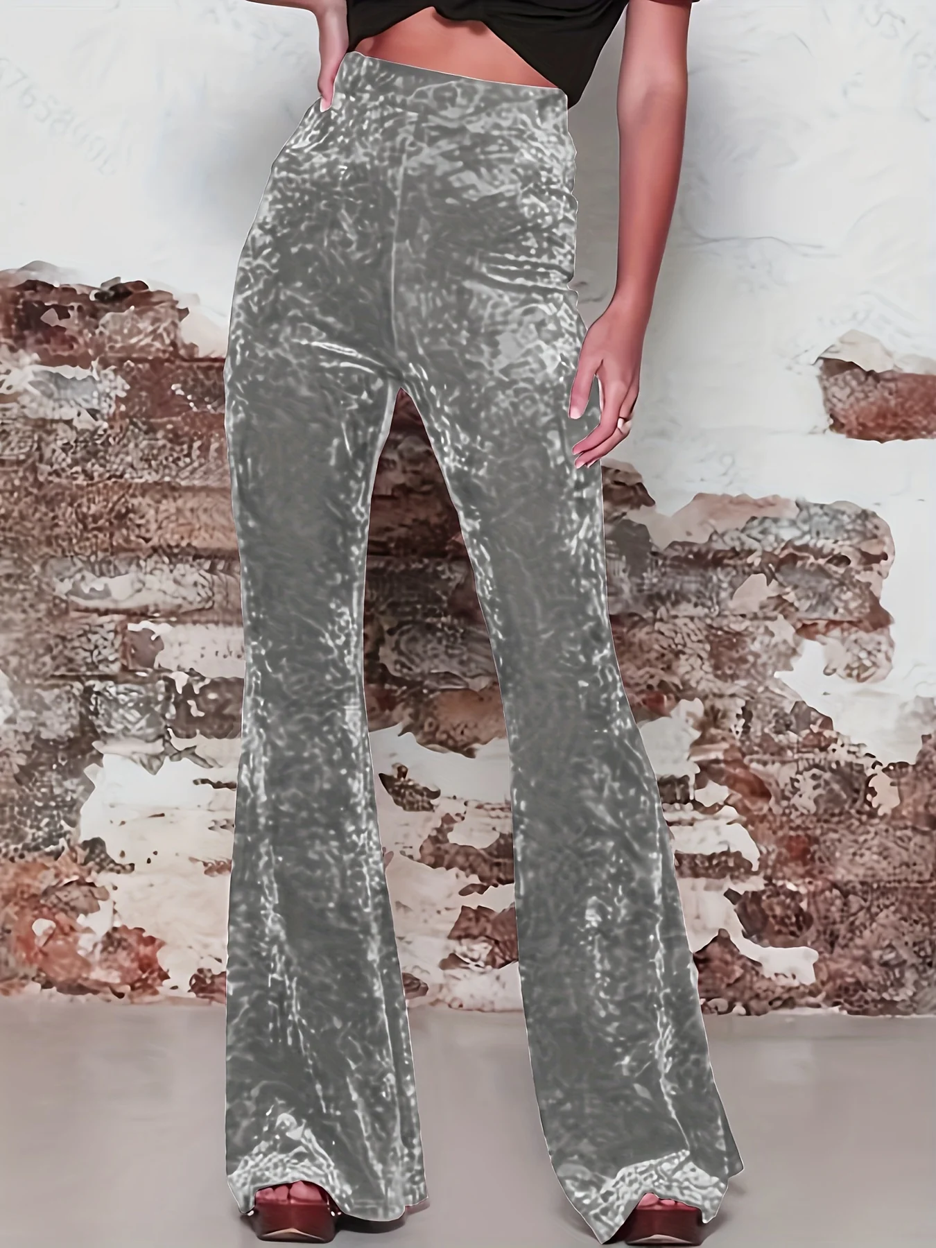 High Waist Solid Velvet Pants, Boho Every Day Flare Leg Pants For All Season, Women's Clothing - Deanwangkt