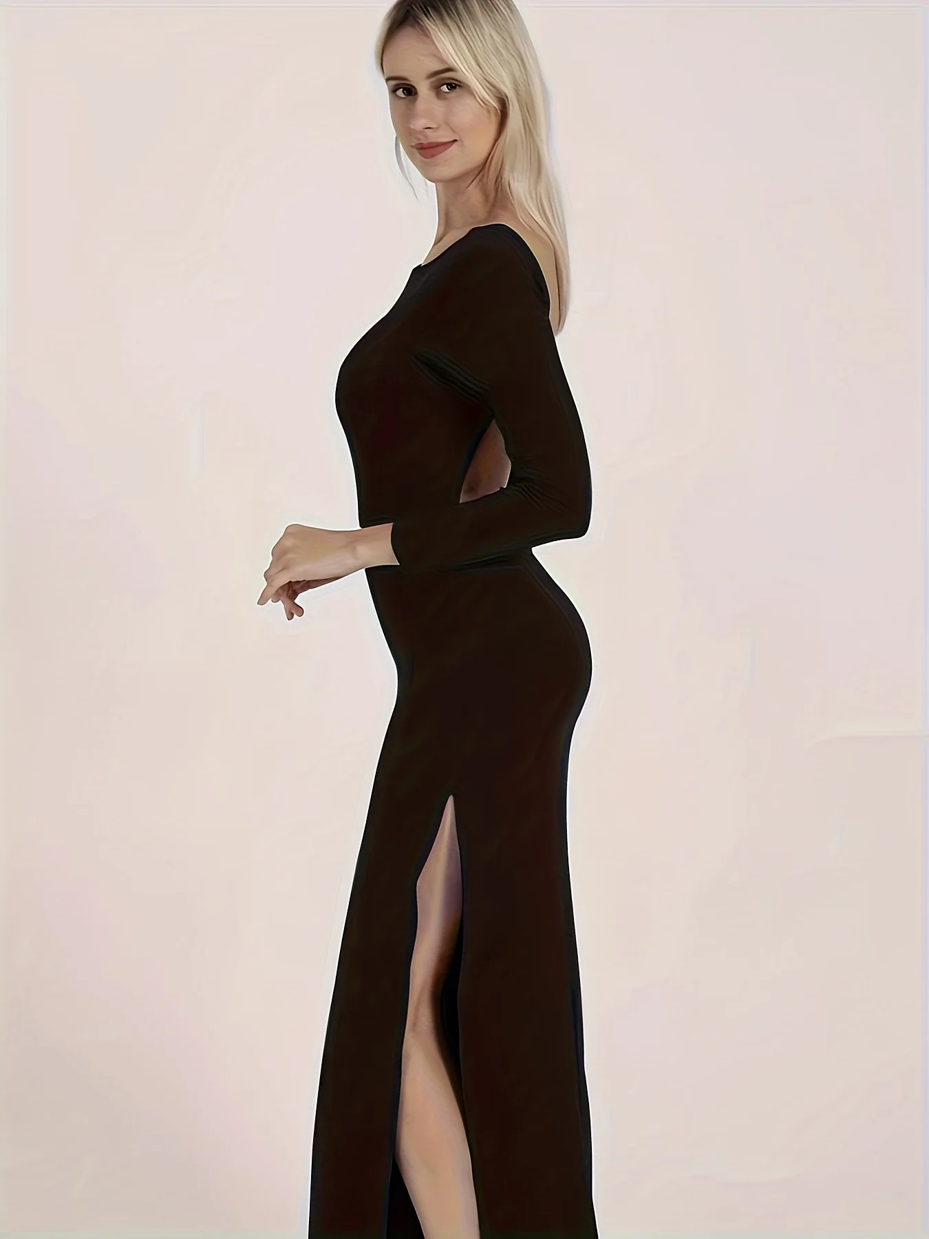 Solid Backless Split Hem Dress, Stylish Crew Neck Long Sleeve Dress For Club & Party, Women's Clothing - Deanwangkt