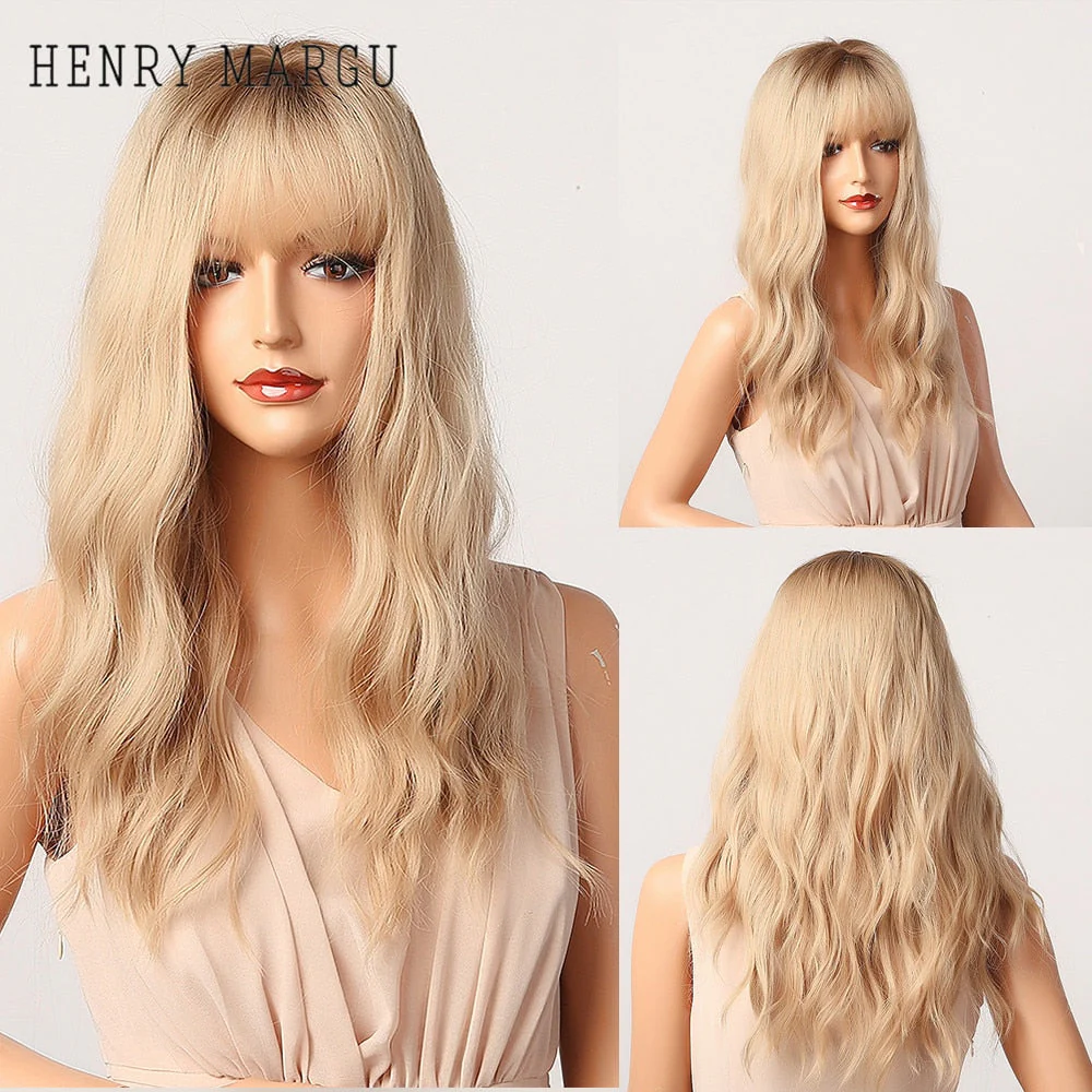 Pure Blonde Synthetic Hair Wigs Long Water Wave Wig for Women Colored Cosplay Lolita Wig with Bangs Heat Resistant - Deanwangkt