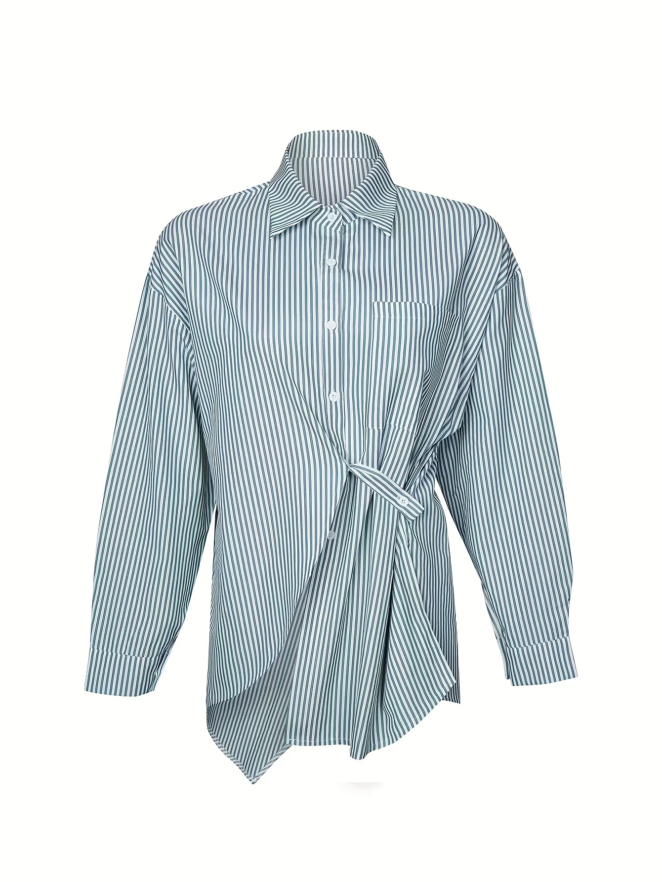 Striped Print Split Shirt, Casual Button Front Long Sleeve Shirt, Women's Clothing - Deanwangkt