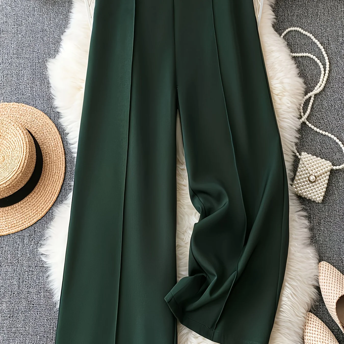 deanwangkt Women's Elegant Pants, Plus Size Solid Seam Front High Rise Straight Leg Trousers - Deanwangkt