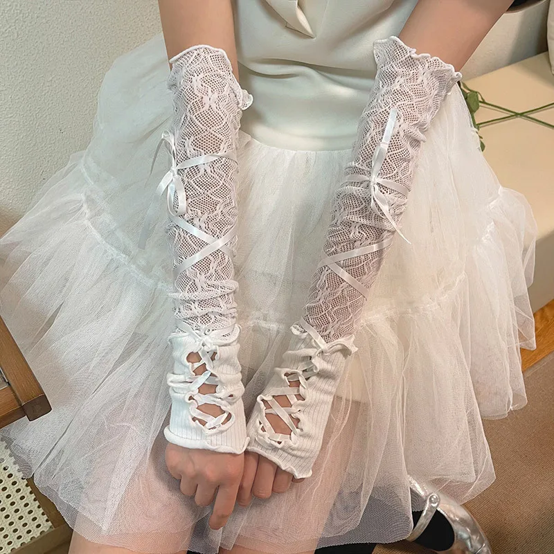 deanwangkt Sexy White Hollow Satin Bow Lace Gloves Lolita Bride Thin Sun Protection Arm Sleeves Women Summer Fingerless Sunscreen Mittens - Deanwangkt
