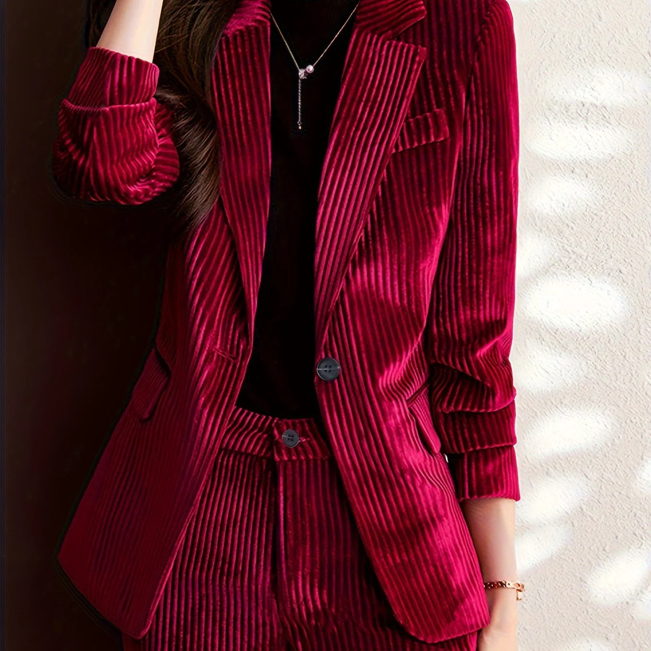 Casual Solid Two-piece Set, Notch Collar Long Sleeve Blazer & Button Front Pants Outfits, Women's Clothing - Deanwangkt