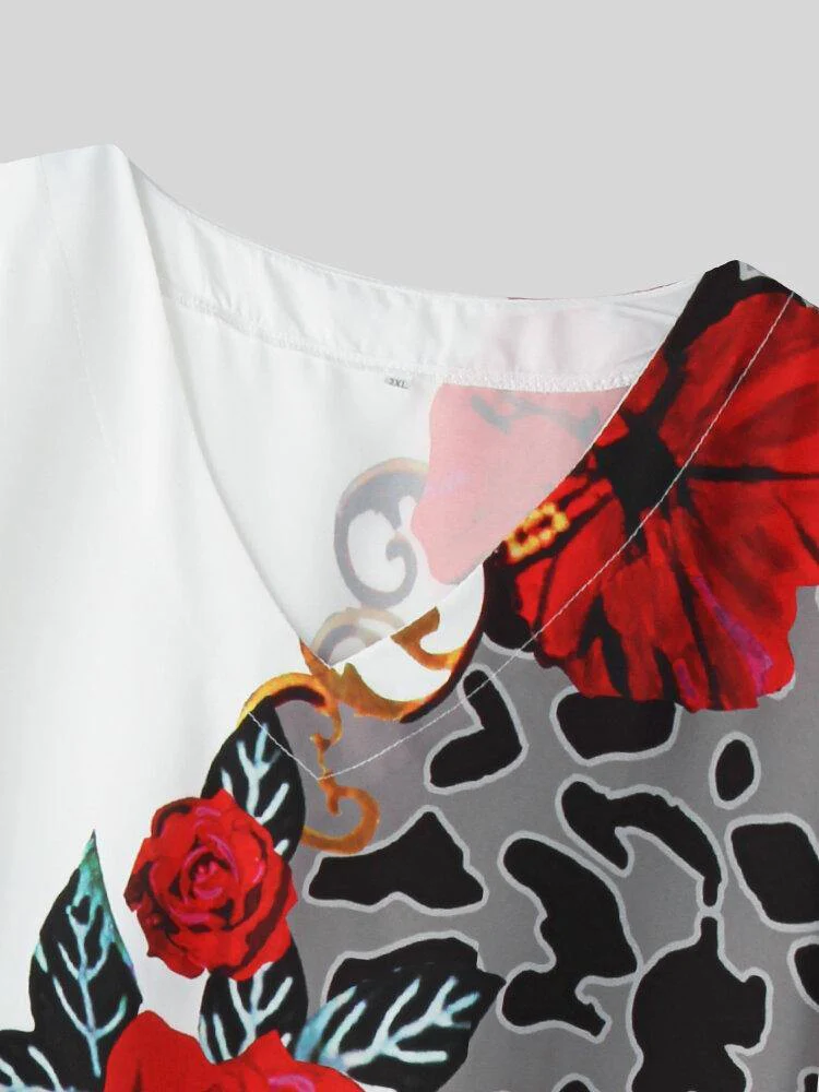 deanwangkt Women Leopard Floral Print V-Neck Casual Short Sleeve Dress - Deanwangkt