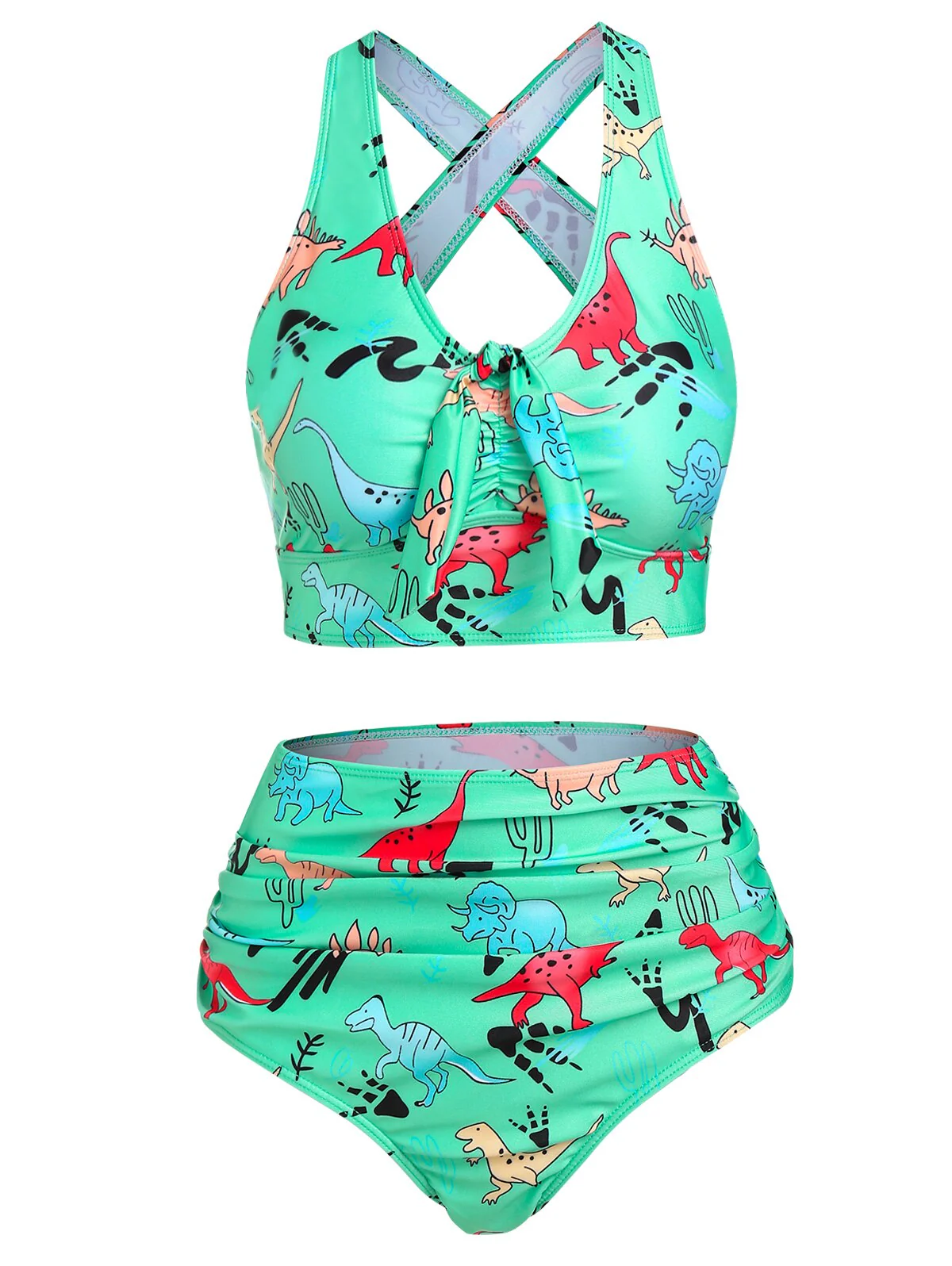 deanwangkt  Sexy Women High Waist Bikini Swimsuit Swimwear Female Bandeau Cartoon Dinosaur Print Bow Detail Padded Tankini Set Bather - Deanwangkt