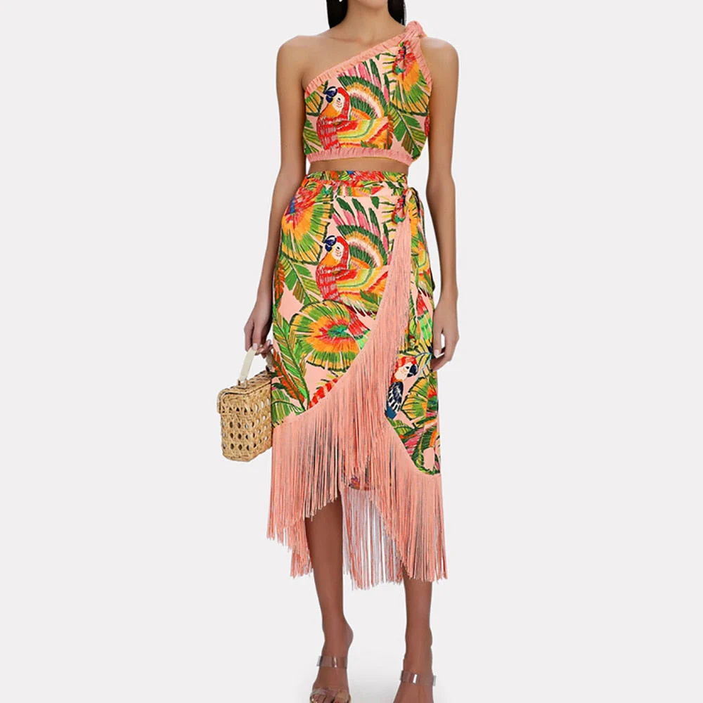 deanwangkt Vintage One-shoulder Swimsuits Sexy Print Two-piece Bikini and Fringe Skirt Women Swimwear Bathing Suit Summer Beach Wear Luxury - Deanwangkt