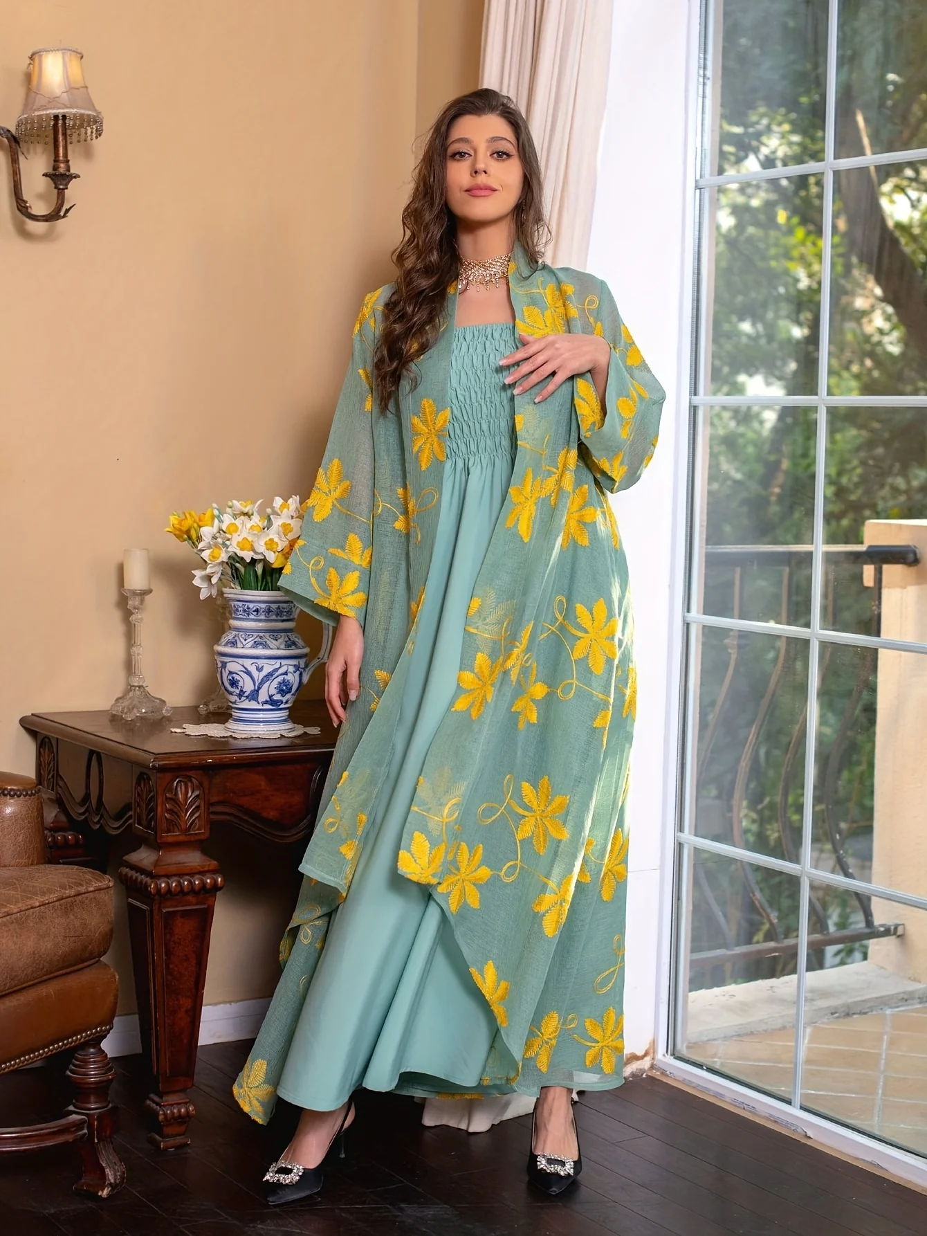 deanwangkt-1  Leaf Print Two-piece Dress Set, Shirred Tank Ankle Dress & Long Sleeve Irregular Hem Mesh Cardigan Outfits, Women's Clothing - Deanwangkt