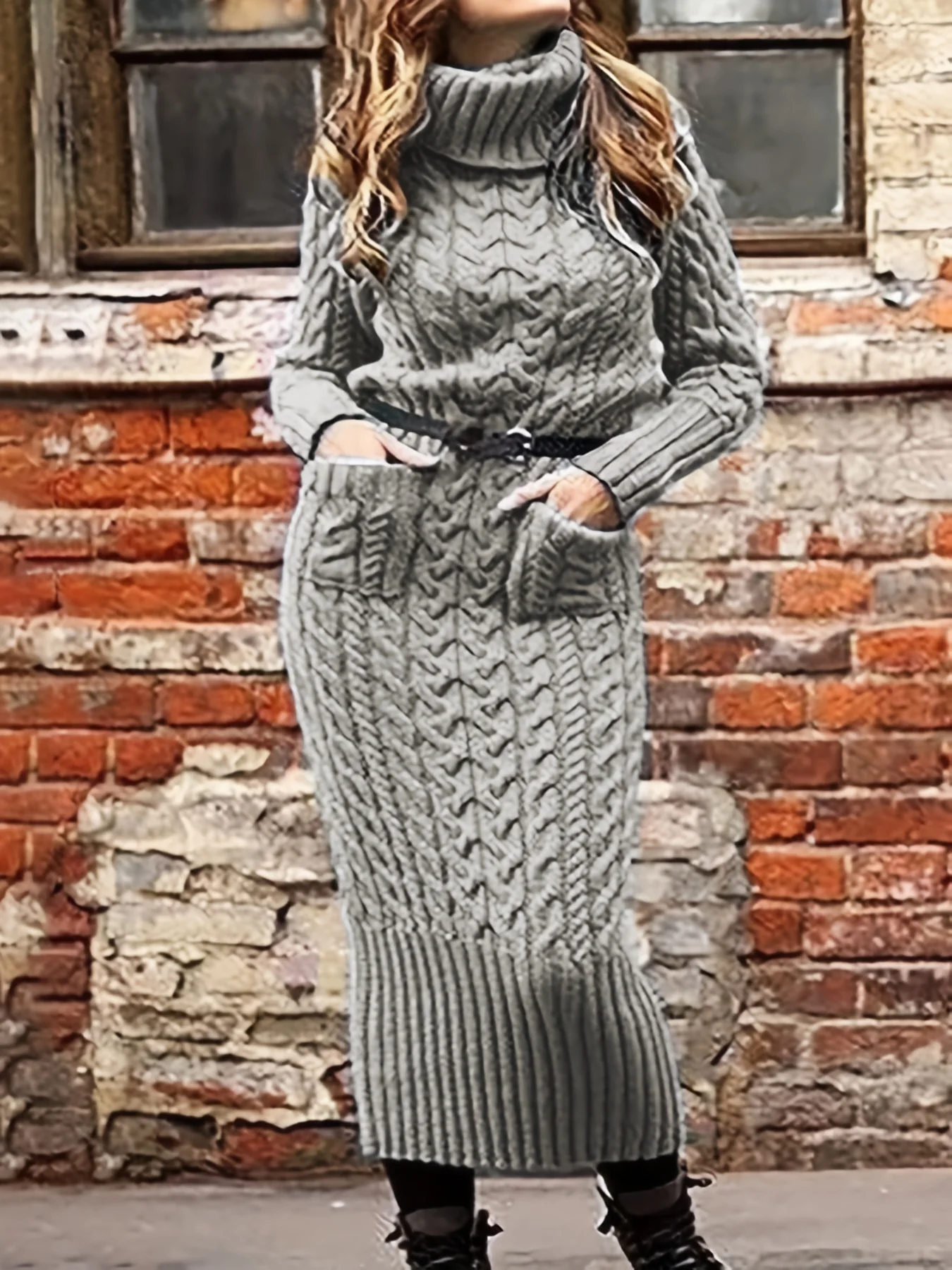 Solid Cable Knit Sweater Dress, Casual Turtleneck Long Sleeve Pocket Front Dress, Women's Clothing - Deanwangkt