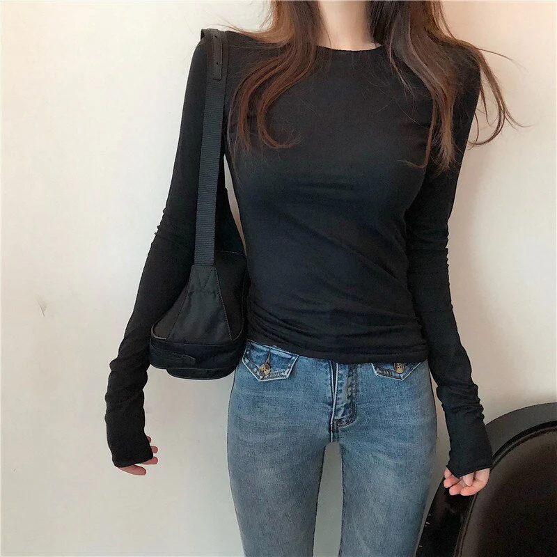 Wenkouban Long Sleeve Tops For Women Solid Cotton Tee Shirt Femme Korean Fashion Clothing Casual Tshirts Slim T-Shirt Tees Spring Autumn - Deanwangkt