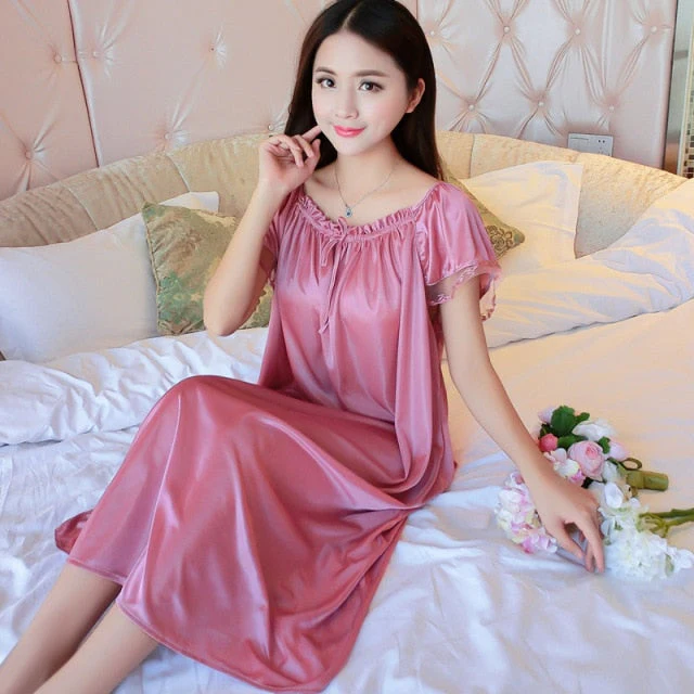 deanwangkt Women Soft Nightgowns Sexy Nightwear Lace Patchwork Long Sleepwear Lingerie Nighty Wedding Silk Dress Sleep Wear Nightdress - Deanwangkt