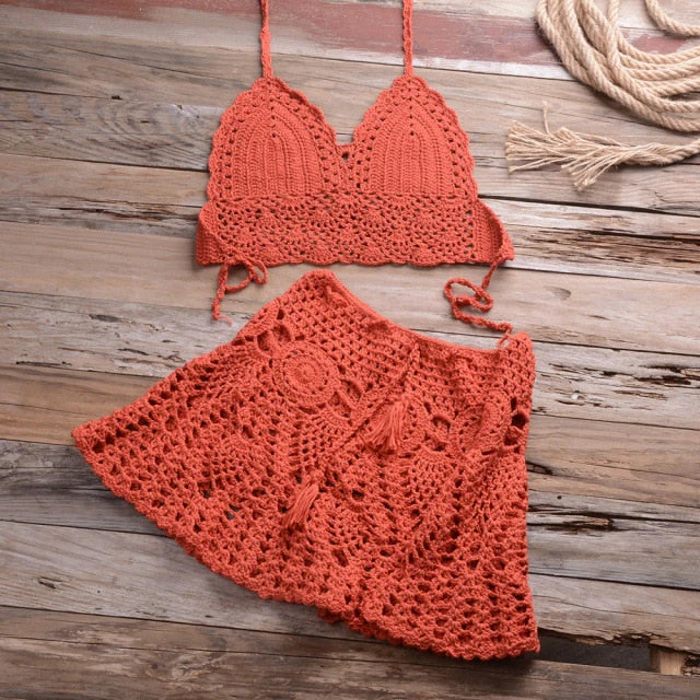 deanwangkt New crochet 2PCS/SET beach cover up sexy women bra top+mini A line skirts bikini swimsuit bathing suit cover ups dress - Deanwangkt