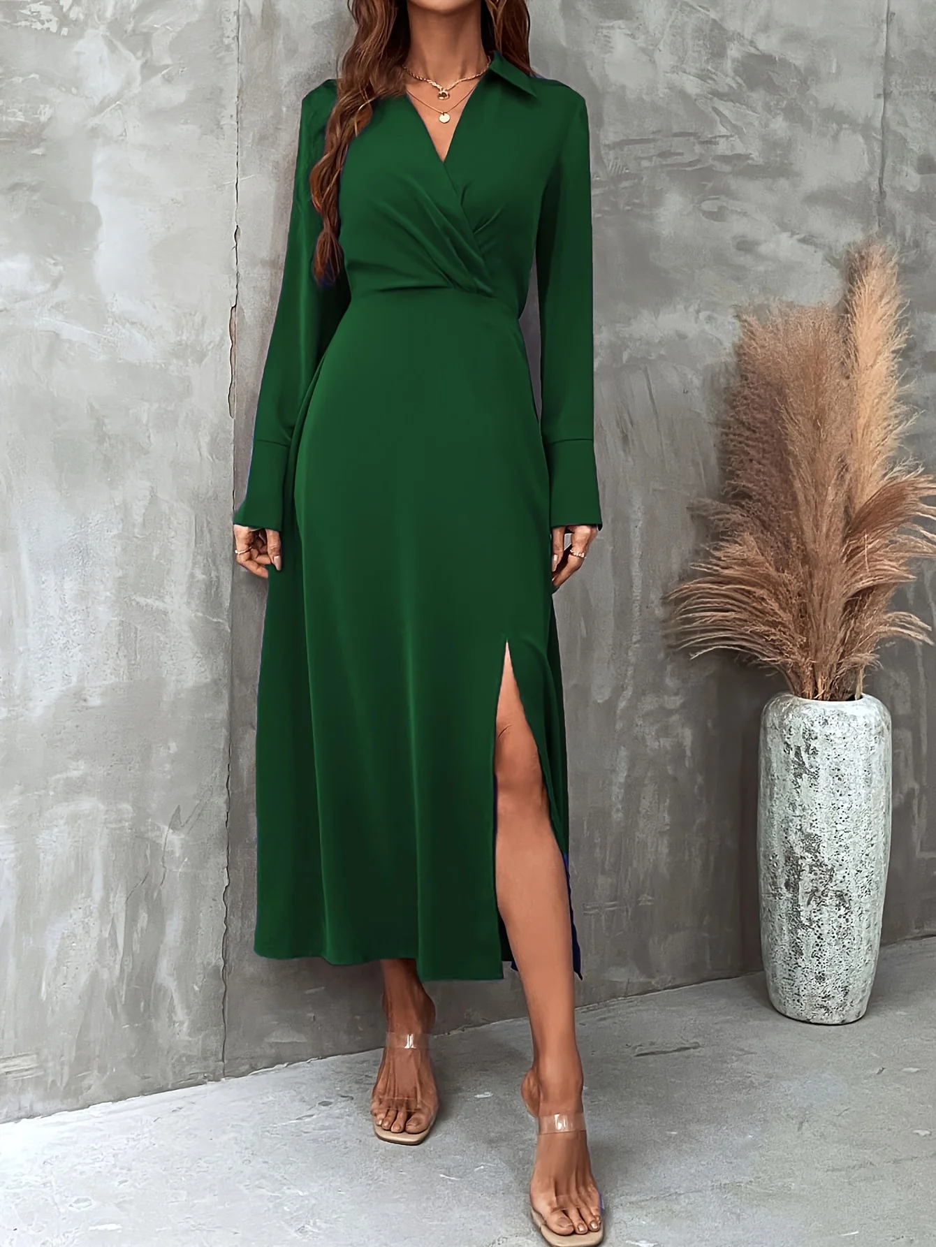 Split Solid Midi Dress, Elegant V Neck Long Sleeve Dress, Women's Clothing - Deanwangkt