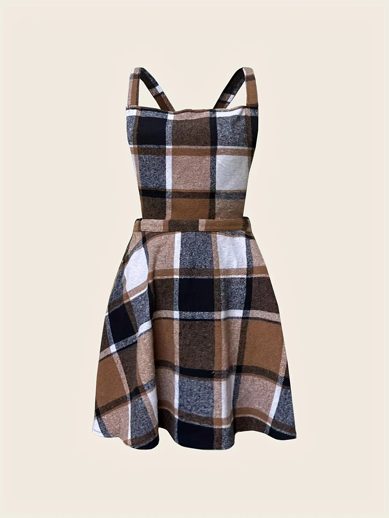 deanwangkt-1  Plaid Print Criss Cross Overall Dress, Elegant Sleeveless Stylish Mini Dress, Women's Clothing - Deanwangkt
