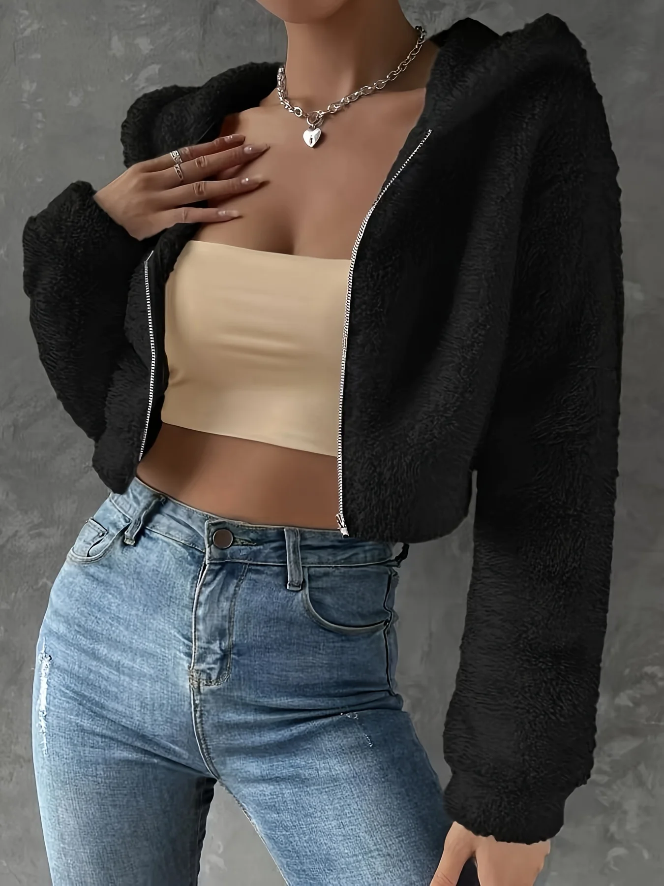 deanwangkt-1 Solid Zipper Hooded Crop Coat, Casual Faux Fur Thermal Coat, Women's Clothing - Deanwangkt