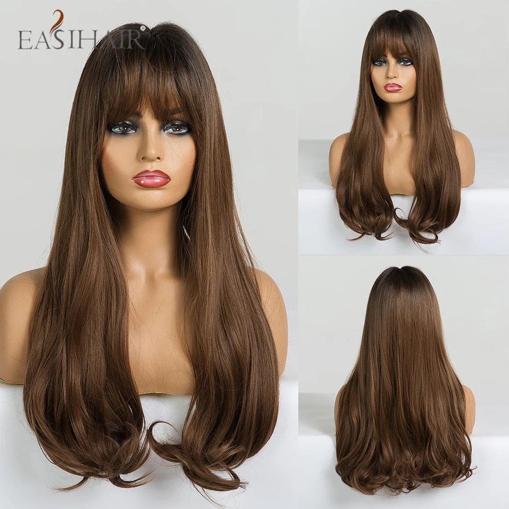deanwangkt  Long Black Wigs Cosplay Body Wave Synthetic Wigs With Bangs For White/Black Women Brazilian American Natural Hair - Deanwangkt
