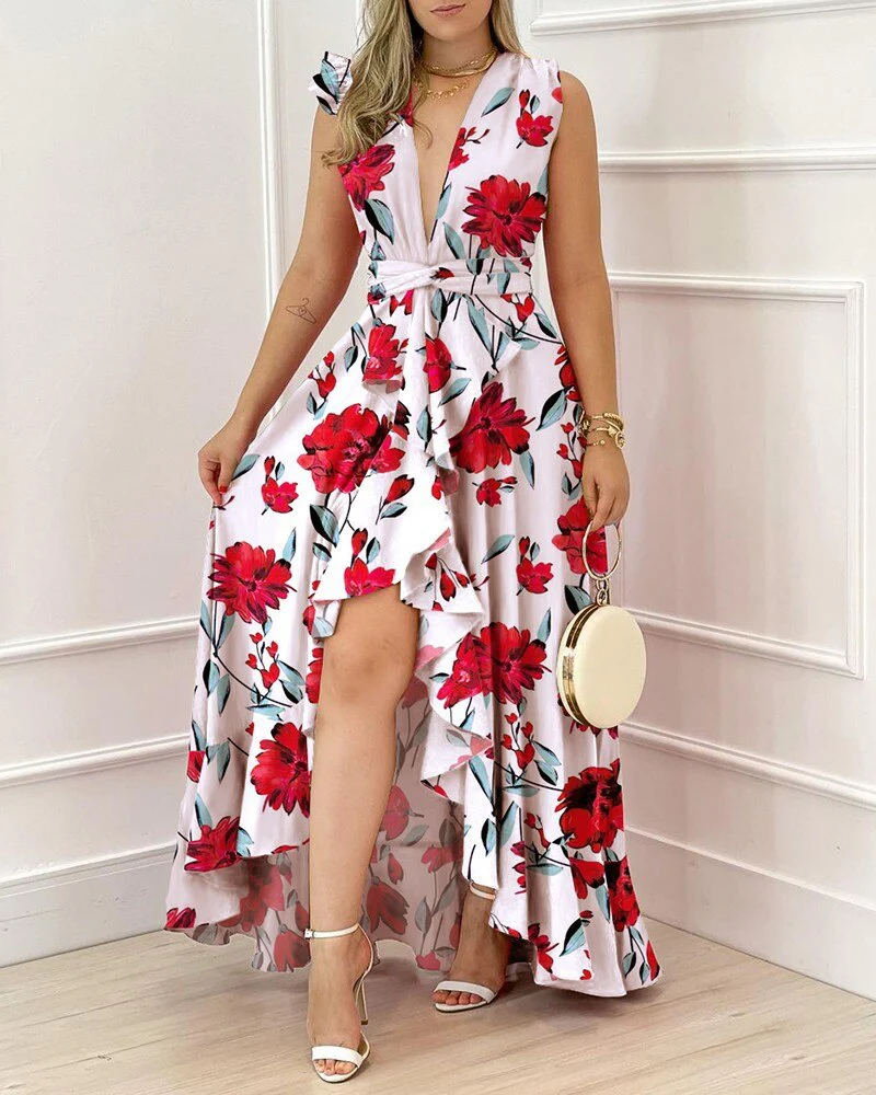 deanwangkt  Casual Summer Women Dress Red Print V-Neck Sleeveless Ruffle Elegant Beach Party Lady Irregular Slit Floor-Length Dresses - Deanwangkt