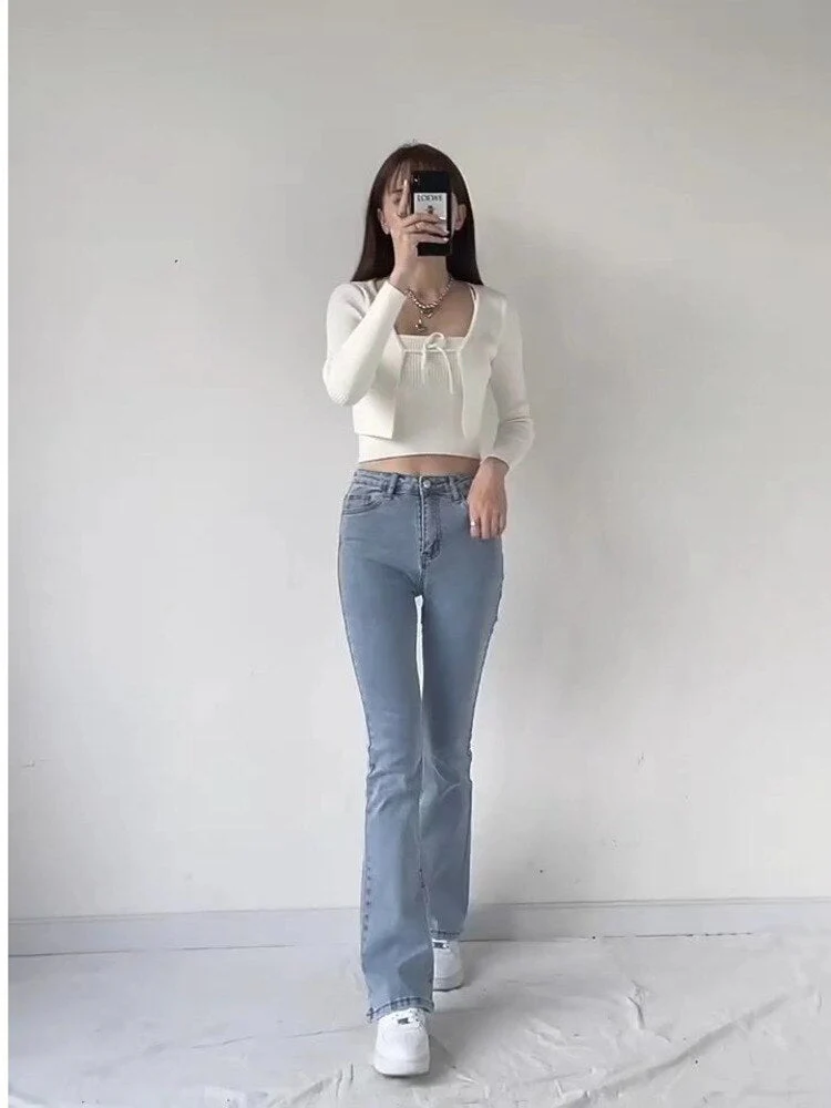 deanwangkt split jeans women's spring and autumn new high-waisted slim fit slim wide-legged micro-flare mopping pants trendy ins - Deanwangkt