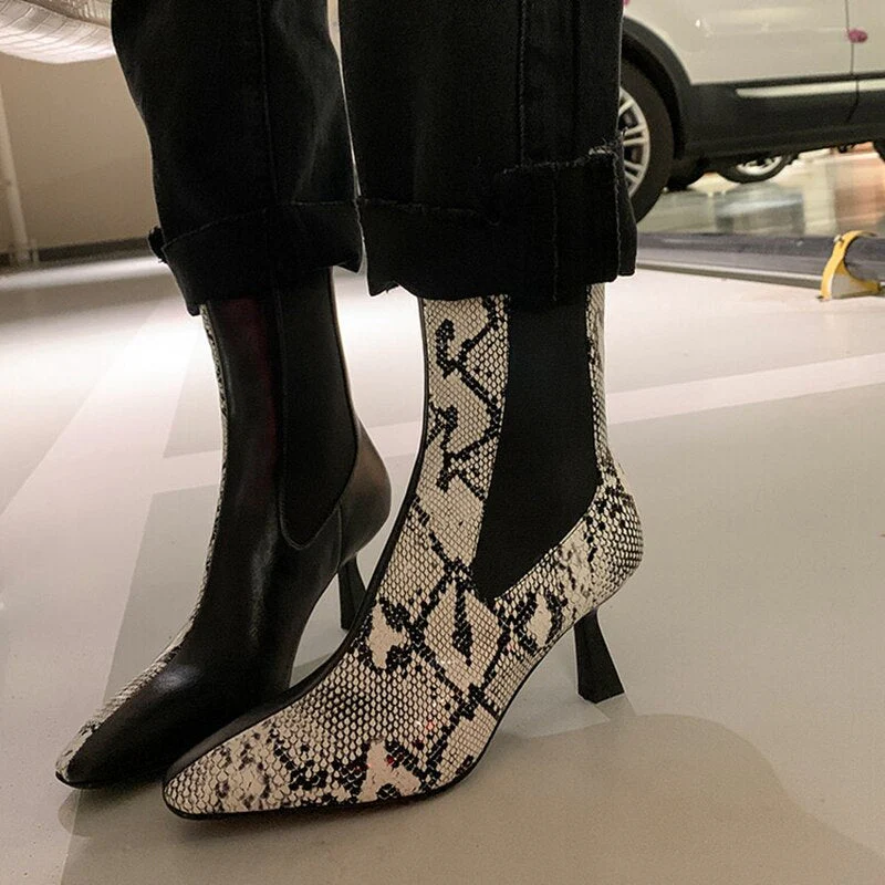 deanwangkt  Autumn Shoes    Autumn Women Boots Pointed Toe Thin Heel Cow Leather Boots Elegant Snake-print Leather Shoes for Women High Heel Boots - Deanwangkt