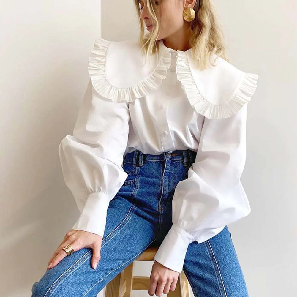 deanwangkt Blouses Women Peter Pan Collar Ruffle Shirts Long Sleeve White Cotton Casual Simple Tops Female Spring Summer Frill Shirt - Deanwangkt
