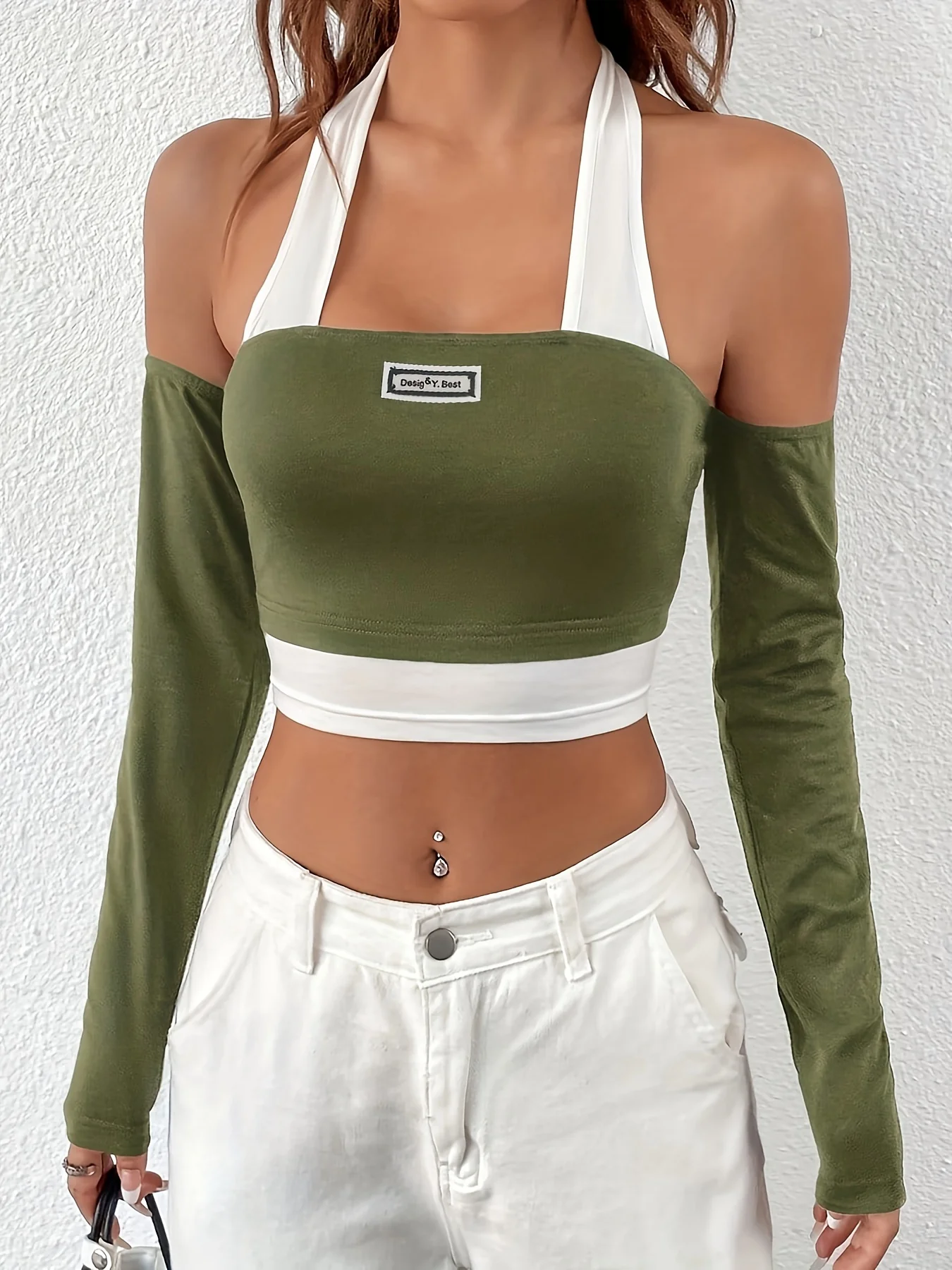 deanwangkt  Color Block Halter Neck T-Shirt, Casual Backless Long Sleeve Crop Top, Women's Clothing - Deanwangkt