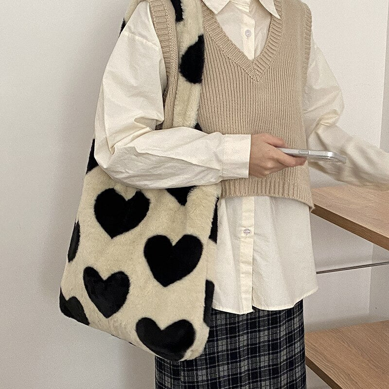 deanwangkt  Art Design Plush Bag Women  Kawaii Love Heart Print Soft Faux Fur Shoulder Bag For Women Ladies Hand Bags Shopper Tote Bag - Deanwangkt