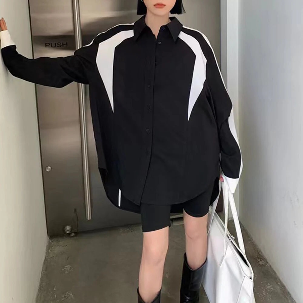 deanwangkt Straight Patchwork Colorblock Shirt For Women Lapel Long Sleeve Loose Casual Button Through Blouse Female Clothing - Deanwangkt