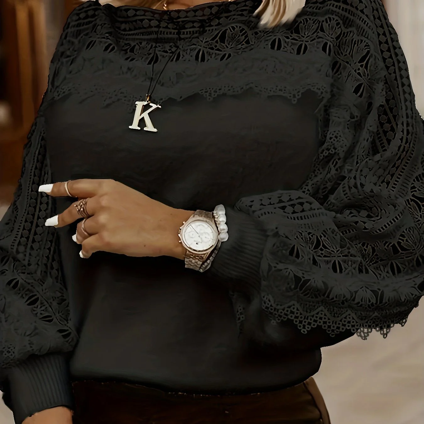 Cutout Lace Stitching T-Shirt, Casual Long Sleeve Top For Spring & Fall, Women's Clothing - Deanwangkt