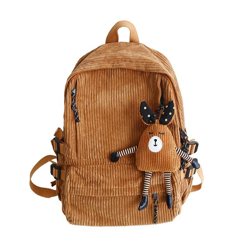deanwangkt Women Corduroy Backpack Khaki SchoolBag Cute Teenage Girls Harajuku Female Bag Student Kawaii Lady Book Pack New Fashion Mochila - Deanwangkt