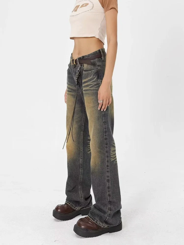 deanwangkt Street Wash Made Old Blue Micro Flared Pants For Women's Autumn New Slim Retro Jeans Trendy Women's Jeans - Deanwangkt