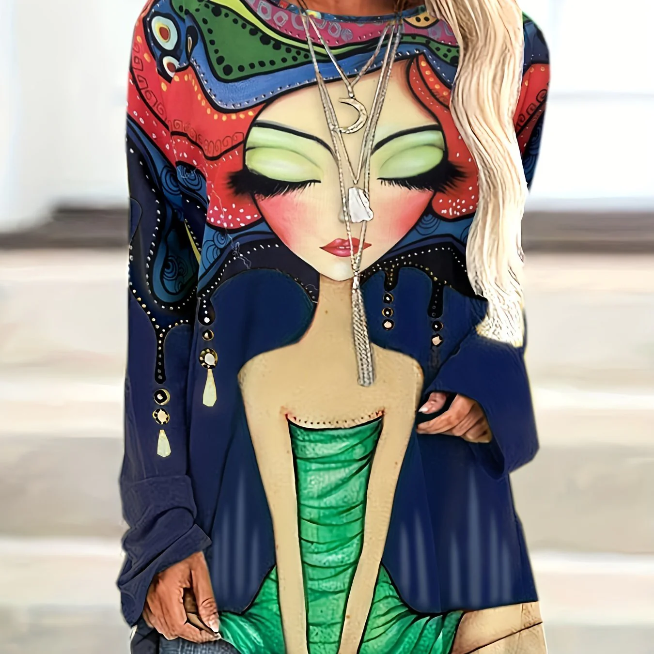 Plus Size Casual Top, Women's Plus Cartoon Figure Print Long Sleeve Round Neck Slight Stretch Top - Deanwangkt