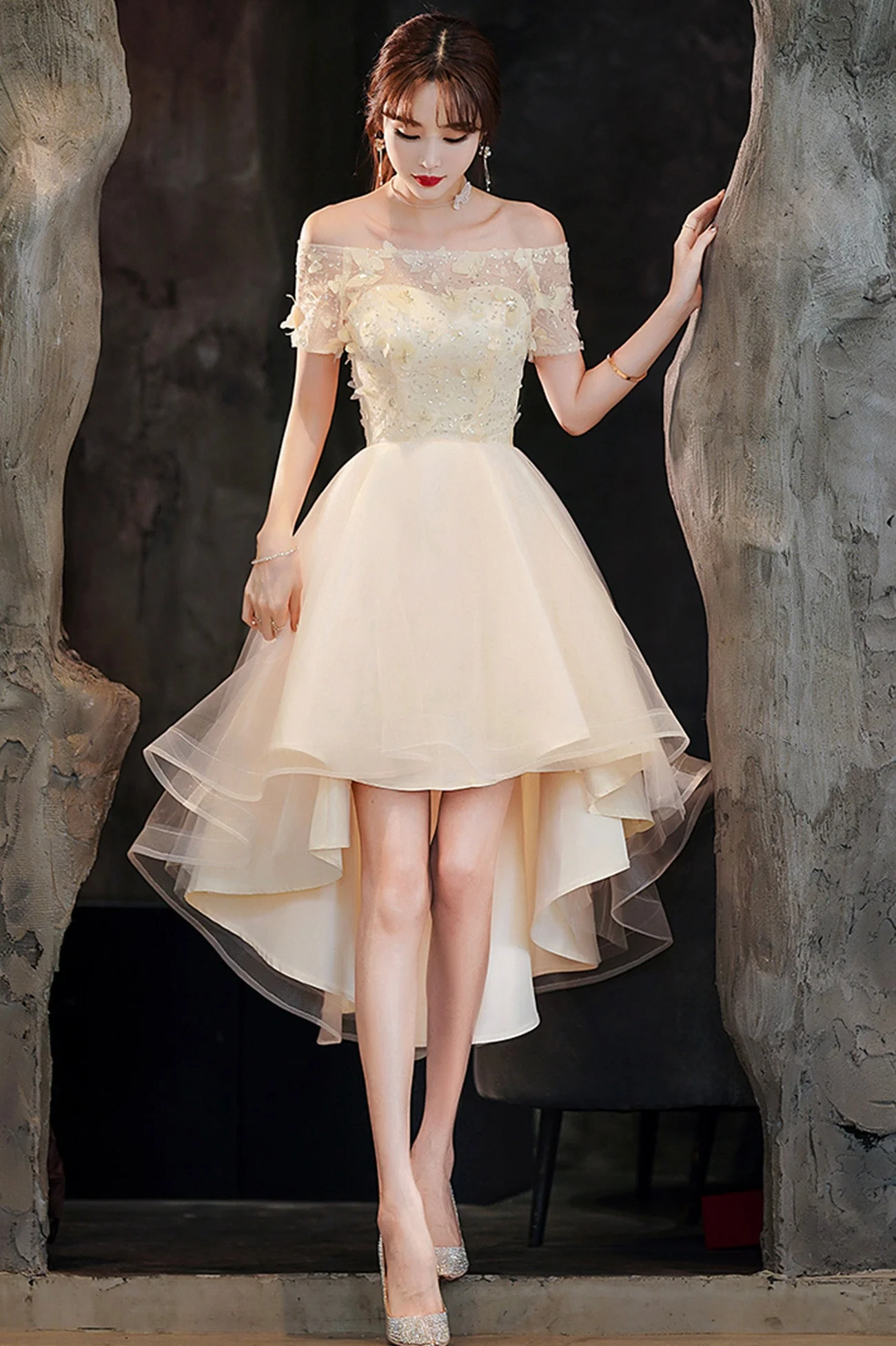 solvbao Champagne Tulle High Low Prom Dresses, A-Line Party Dresses - Deanwangkt