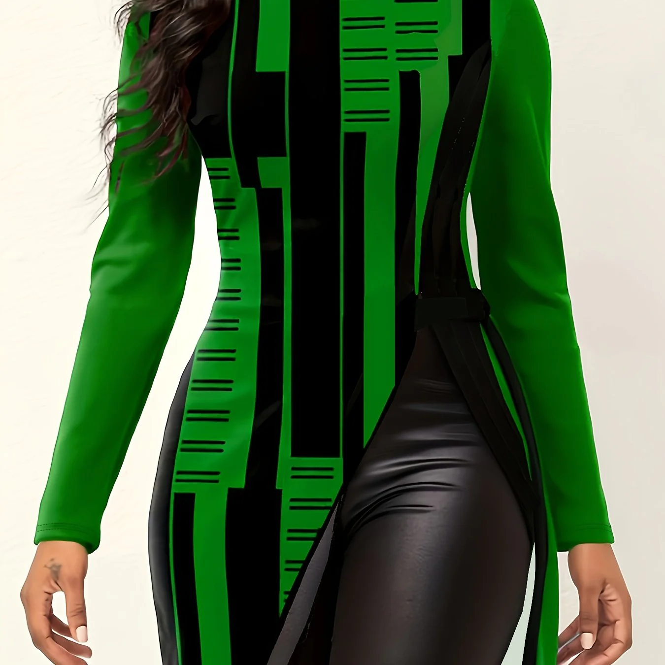 deanwangkt-1 Geometric Print Split Hem Top, Casual Crew Neck Long Sleeve Top For Spring & Fall, Women's Clothing - Deanwangkt