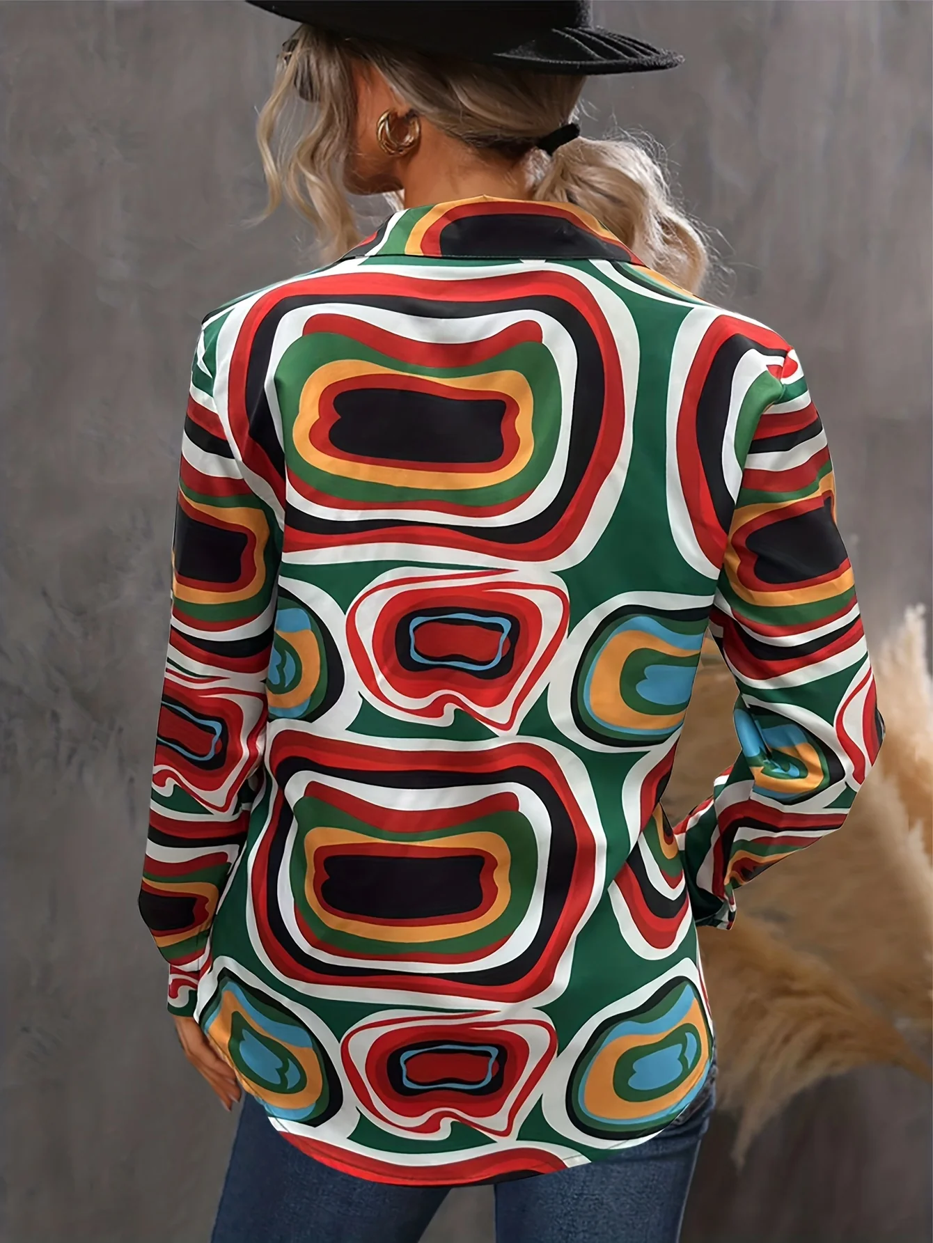 Abstract Print Shirt, Casual Button Front Long Sleeve Shirt, Women's Clothing - Deanwangkt