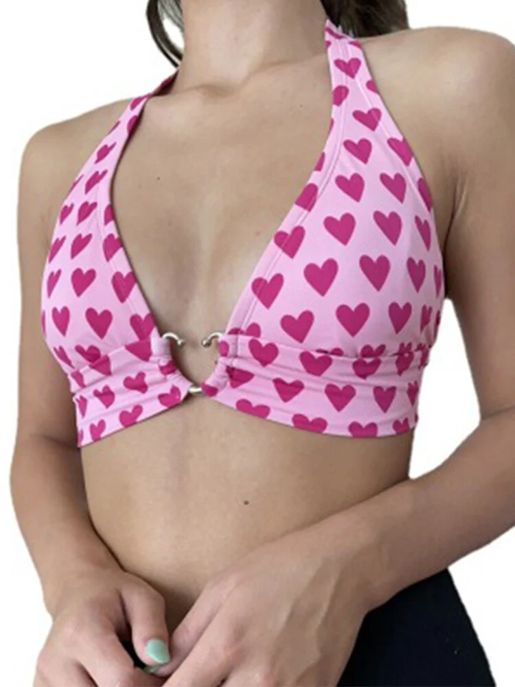 deanwangkt  Pink Heart Print Cute Bustier Crop Top Women Aesthetic Kawaii Clothes Sleeveless Backless Lace Up Bralette Camisole - Deanwangkt