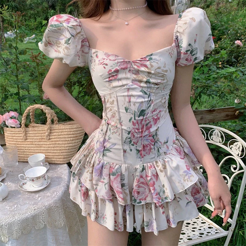 deanwangkt  Summer French Romantic Floral Mini Romper Square Collar Flowers Printed Chiffon Tiered Playsuit Cute Kawaii Feminine Romper  Fairy Dress - Deanwangkt