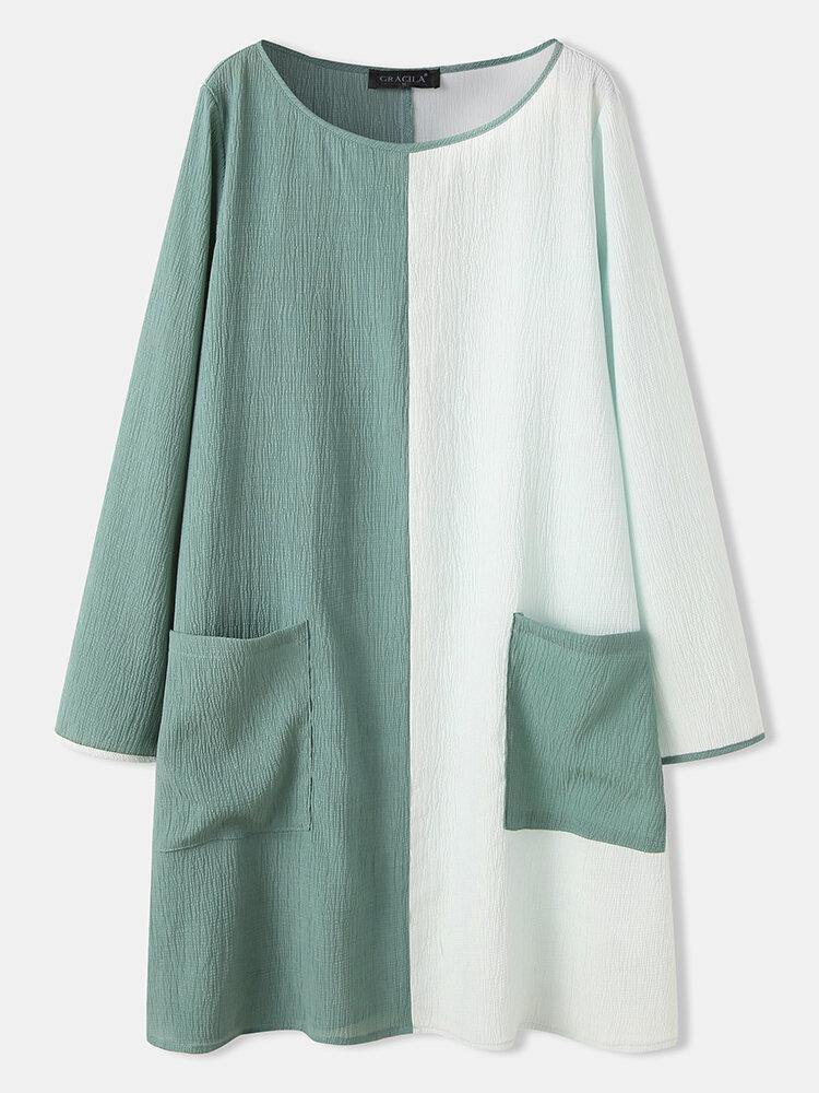 deanwangkt Women Contrast Color O-Neck Long Sleeve Casual Dress With Pocket - Deanwangkt