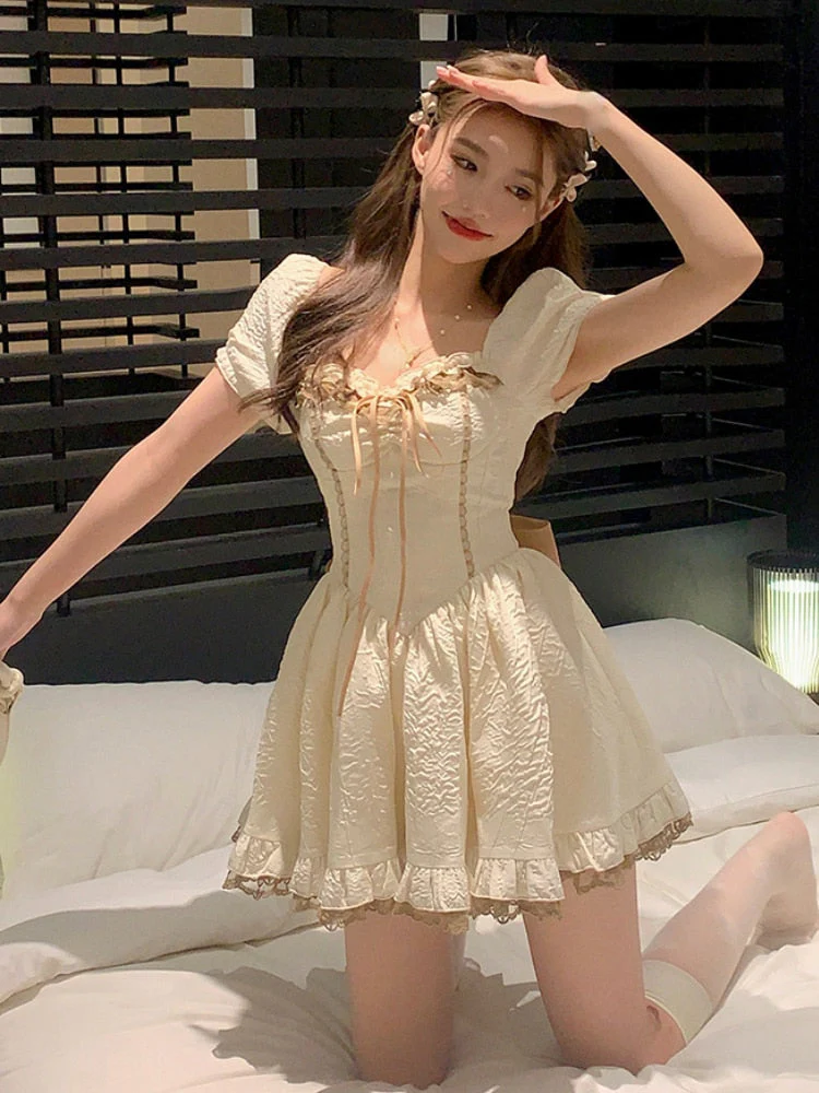 Joskka Bubble Sleeve Elegant Vintage Dress Women Lace-up Korean Fashion Mini Dress Female Ruffles Princess Sweet Dress  Summer New - Deanwangkt