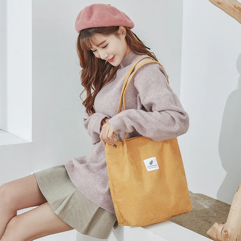 deanwangkt  Fashion Outdoor Leisure Shopping Bag Shoulder Bags Women New Corduroy Canvas Bag Girl Travel Party Organizer with Button Handbag - Deanwangkt
