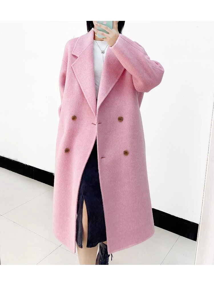 Winter Korean Style Double Breasted Silk Rabbit Woolen Long Overcoat Women Handmade Loose Pink Gray Wool Coat Jacket - Deanwangkt