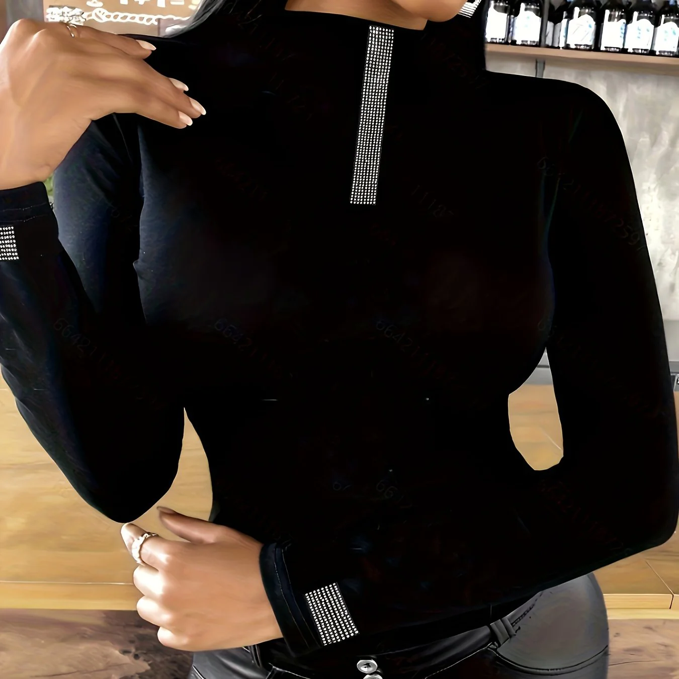 deanwangkt-1 Geometric Pattern Mock Neck T-Shirt, Casual Long Sleeve Top For Spring & Fall, Women's Clothing - Deanwangkt