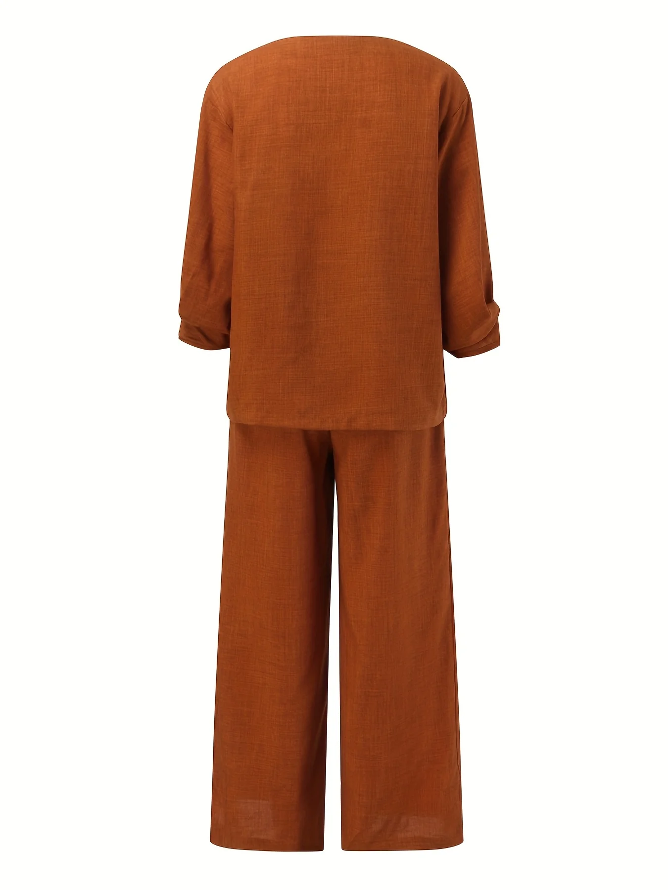 deanwangkt-1  Solid Casual Two-piece Set, V Neck Lantern Sleeve Tops & Wide Leg Pants Outfits, Women's Clothing - Deanwangkt