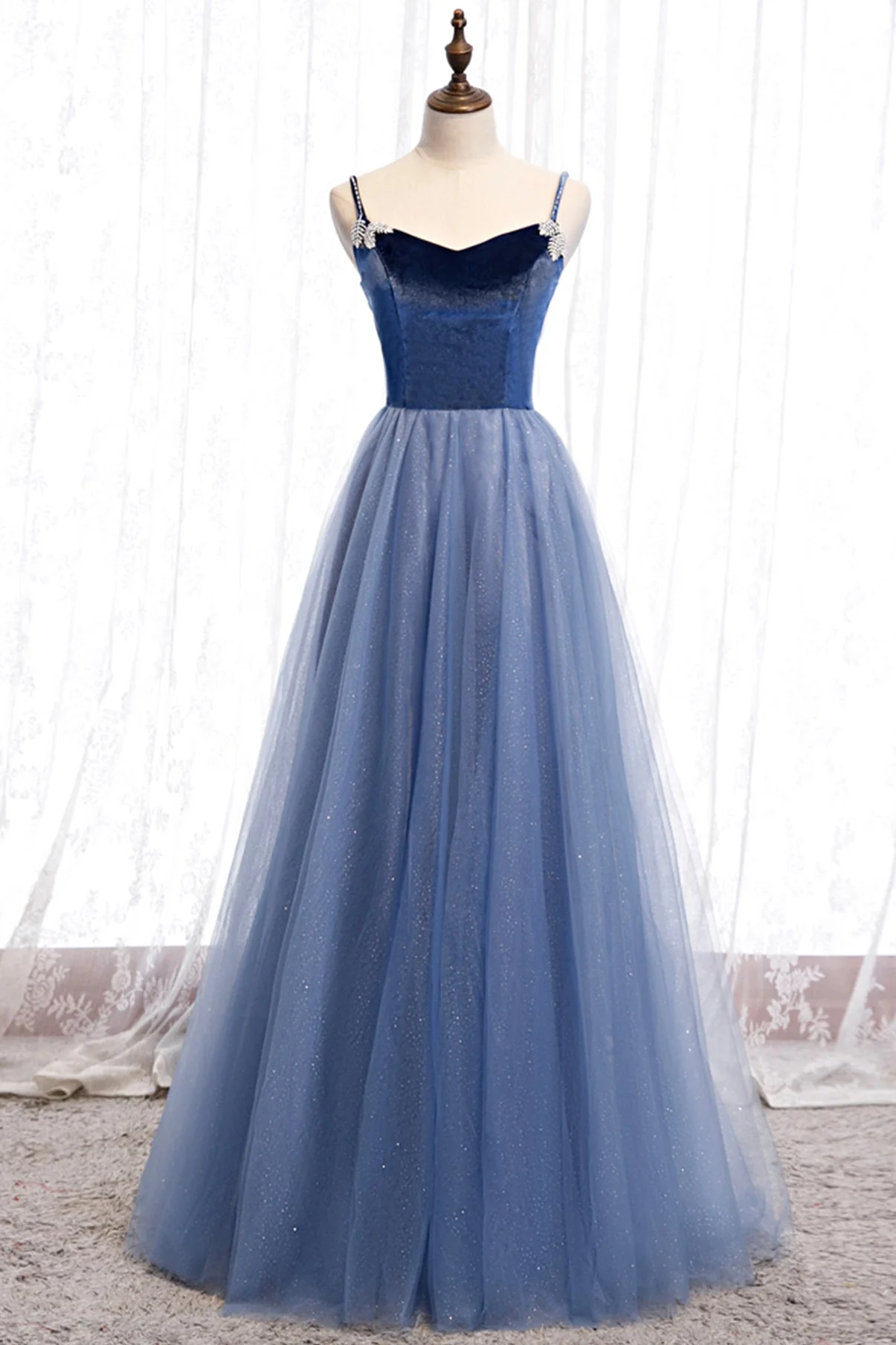 solvbao Blue Velvet Tulle Long Prom Dresses, Blue A-Line Evening Dresses - Deanwangkt
