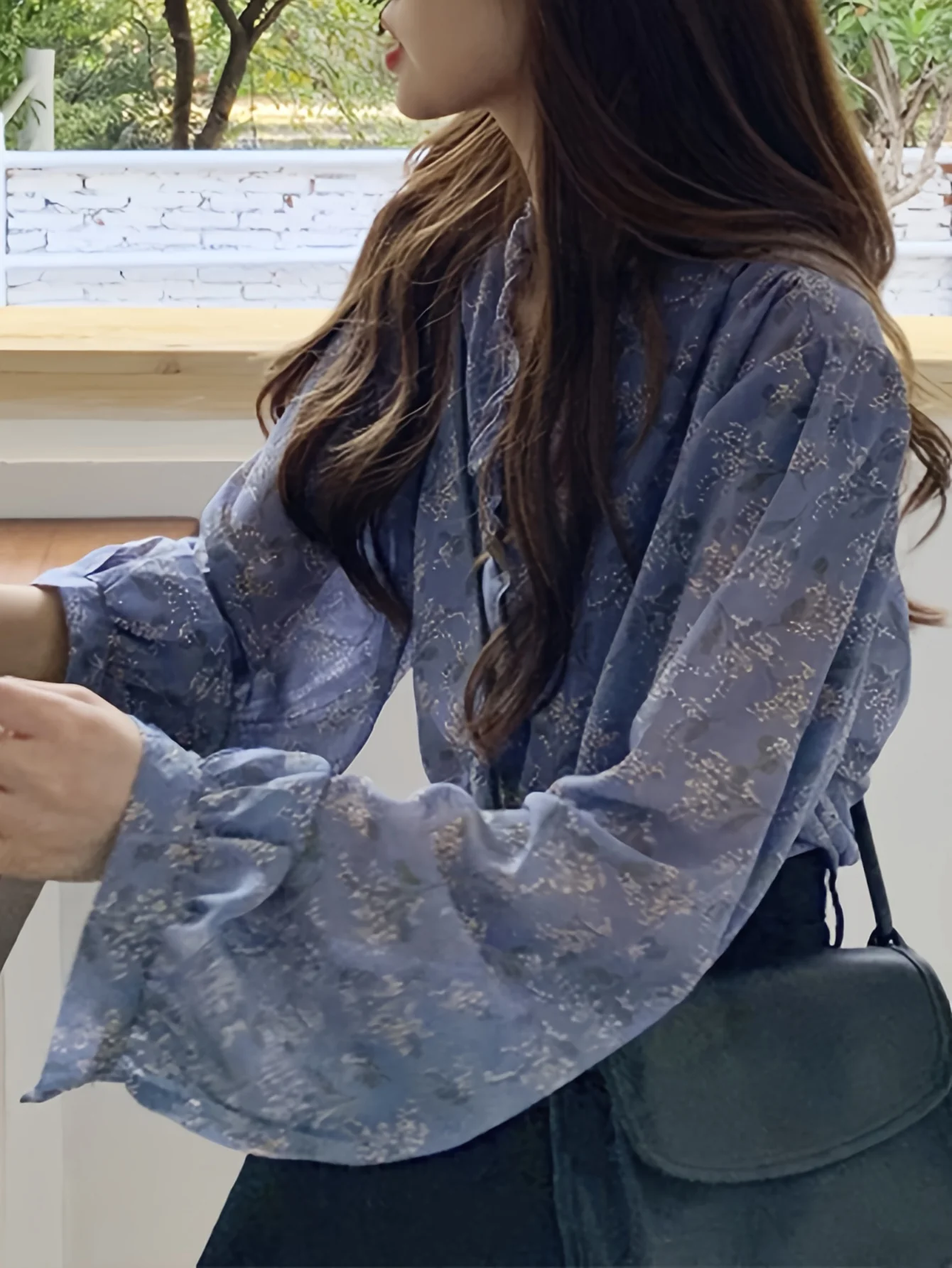 deanwangkt  Allover Print Ruffle Trim Blouse, Elegant Long Sleeve Blouse For Spring & Fall, Women's Clothing - Deanwangkt