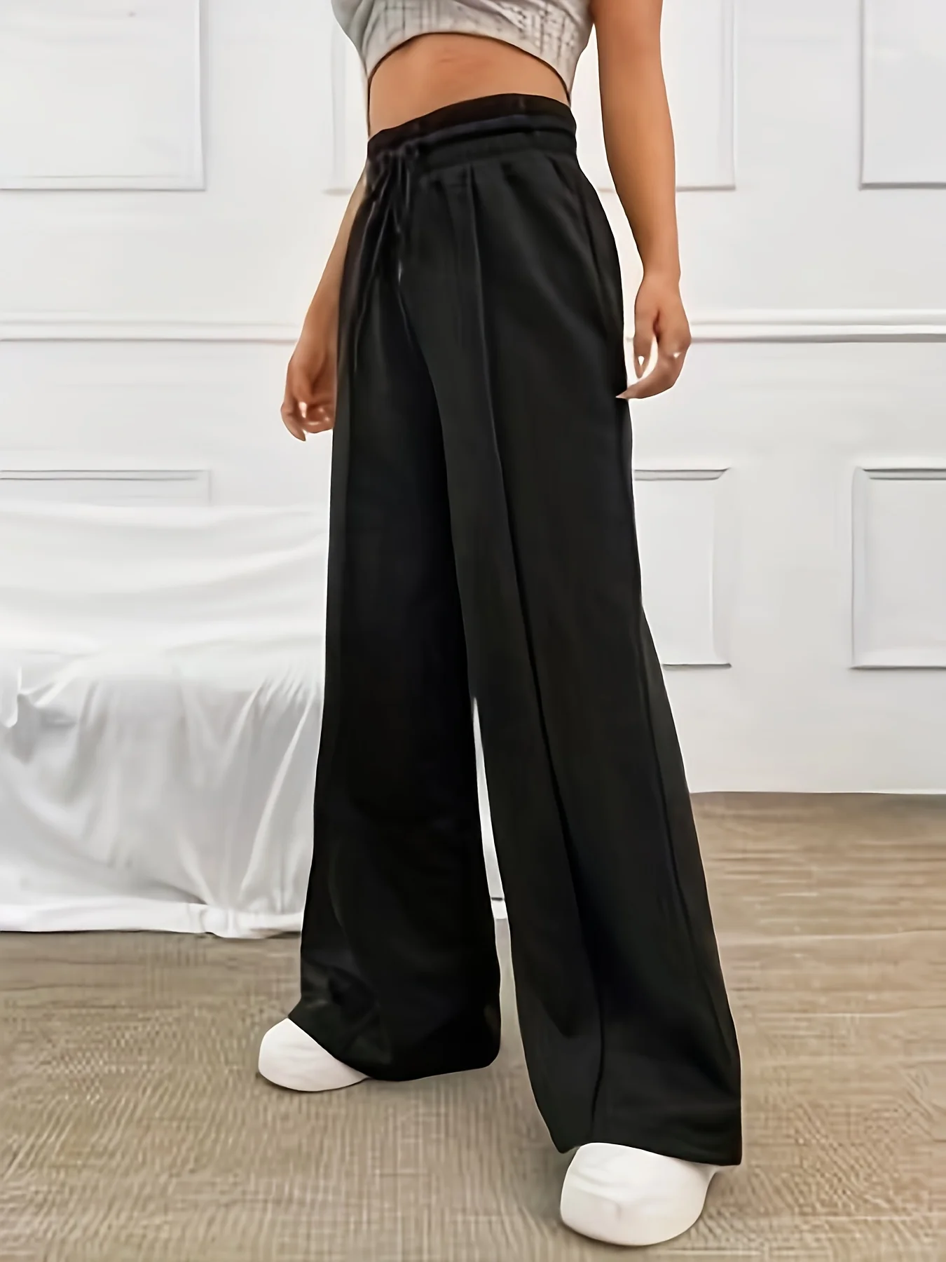 Solid Wide Leg Pants, Casual Tie Waist Long Pants For Spring & Summer, Women's Clothing - Deanwangkt