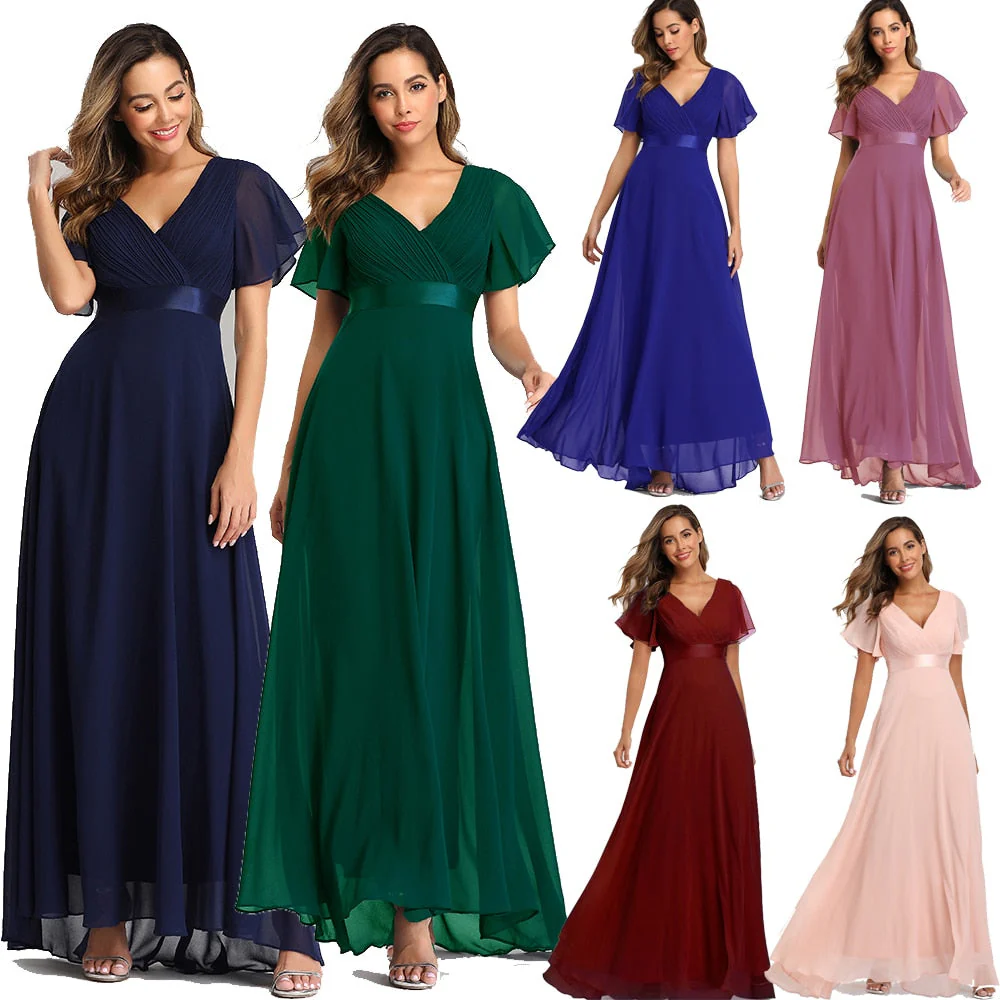 Evening Dresses XUCTHHC Elegant V-Neck Ruffles Chiffon Formal Evening Gown  Robe Vestidos De fiesta Dress for Wedding Party - Deanwangkt