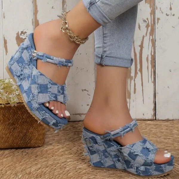 deanwangkt - Light Blue Casual Patchwork Fish Mouth Out Door Wedges Shoes - Deanwangkt