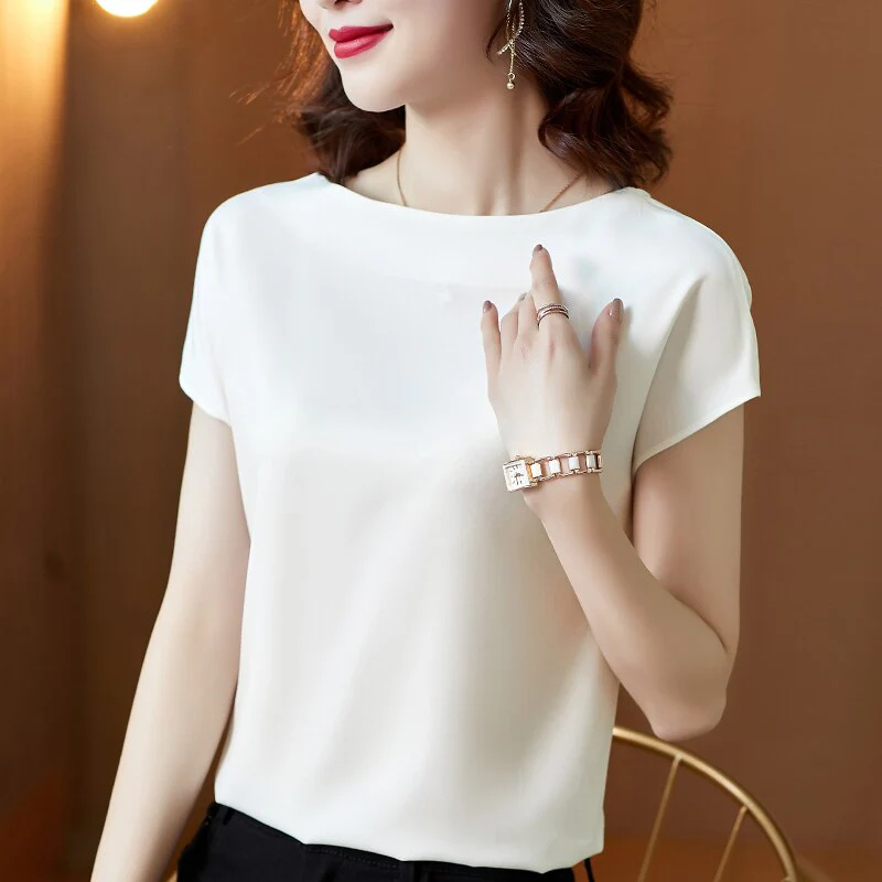 Graduation Gifts  Office Lady Tops Summer Short Sleeve Blouses Satin Blouse Women Shirts Fashion Simple Solid Plus Size Loose Shirt Blusas - Deanwangkt