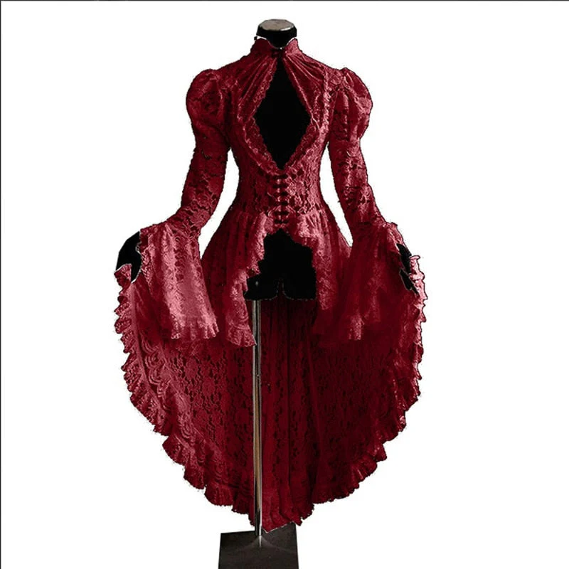 Women Vintage Lace Victorian Dress Long Flare Sleeve Gothic Long Tail Pleated Hollow Out Dresses Halloween Retro Dress Cosplay - Deanwangkt