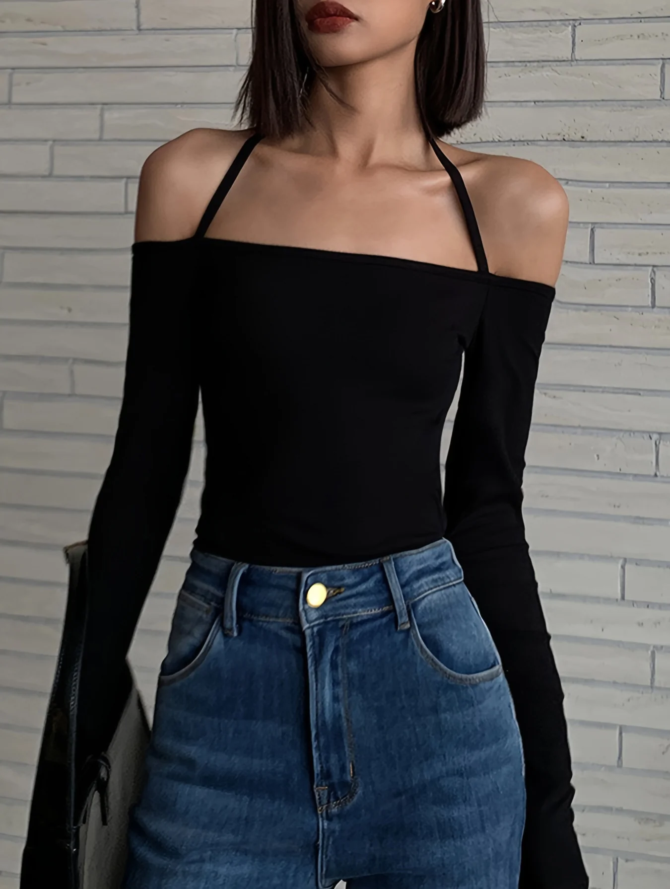 deanwangkt  Halter Neck Solid T-Shirt, Casual Long Sleeve Top For Spring, Women's Clothing - Deanwangkt