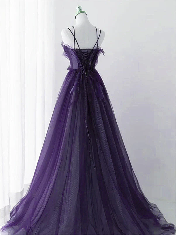 Solvbao Purple Tulle Beaded Long A-line Prom Dress Formal Dress, Purple Evening Dress - Deanwangkt